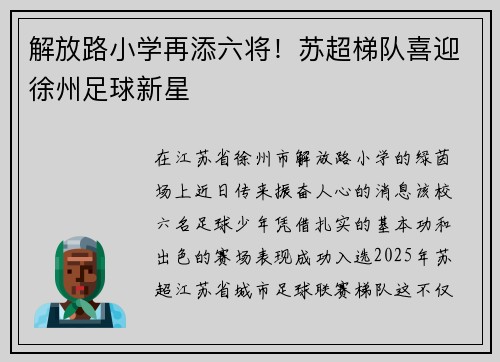 解放路小学再添六将！苏超梯队喜迎徐州足球新星