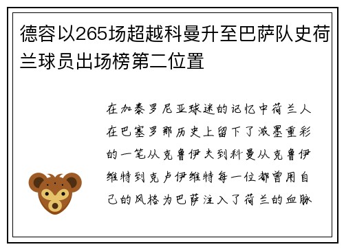 德容以265场超越科曼升至巴萨队史荷兰球员出场榜第二位置